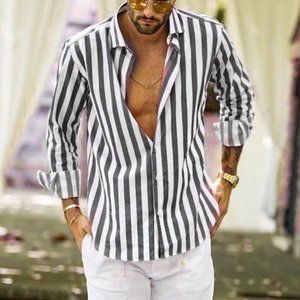 Fashion Stripes Print Lapel Men Shirt